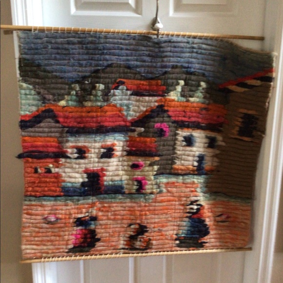 VTG “Ladies & Houses” Hand Woven Wool Wall Tapestry 33” x 34” - Picture 2 of 6
